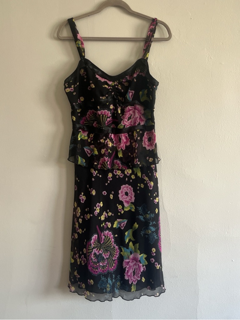 Vintage Y2K Black Fairycore Midi Dress with Pink Floral Print
